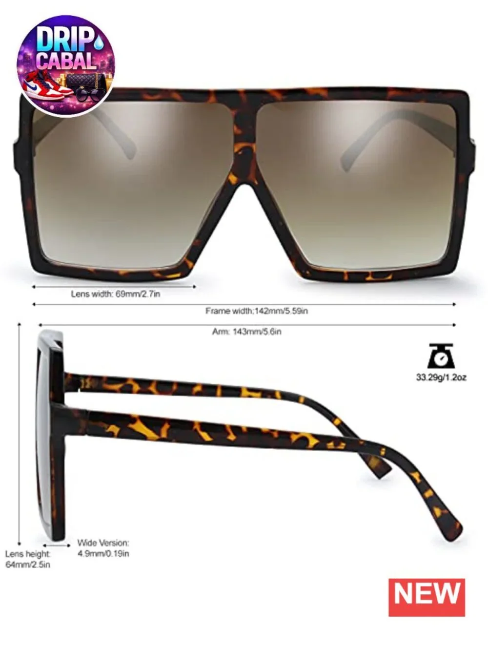 Oversized Square Flat Top Sunglasses UV400 Protection